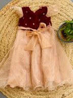 Elegant Maroon Velvet and Beige Organza Party Dress for Baby Girls