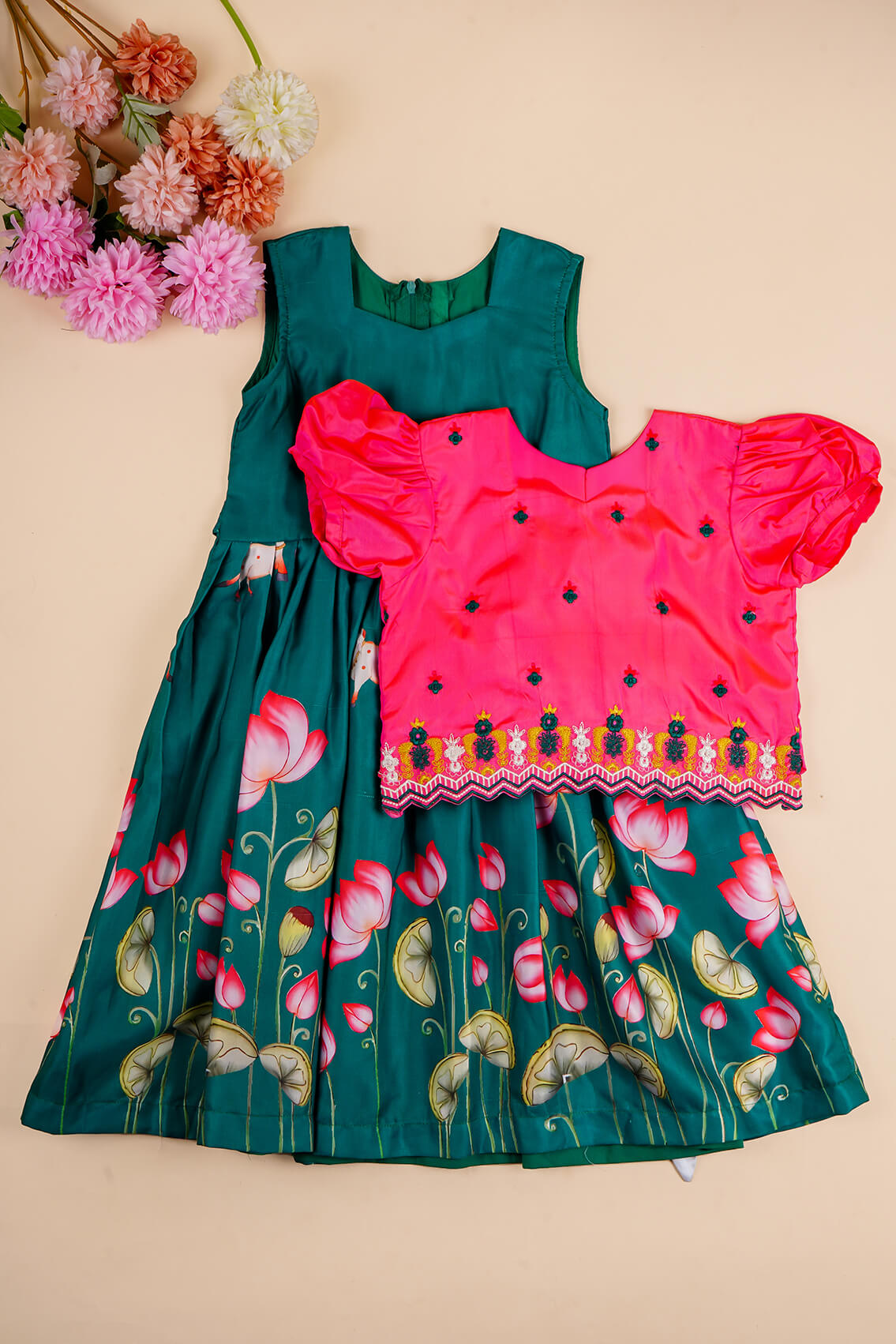 Pichwai Dress Set for Girls - Green Frock with Pink Blouse