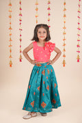 Pre Order : Girls Coral Pink Top with Teal Blue Skirt – Festive Ethnic Wear Set