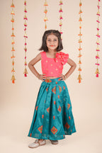 Pre Order : Girls Coral Pink Top with Teal Blue Skirt – Festive Ethnic Wear Set