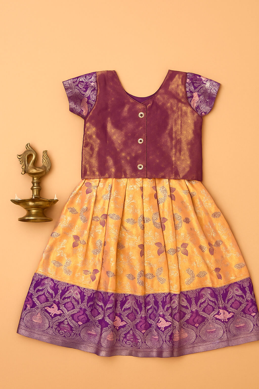 Pattu Pavadai – Purple Blouse with Peach Floral Skirt