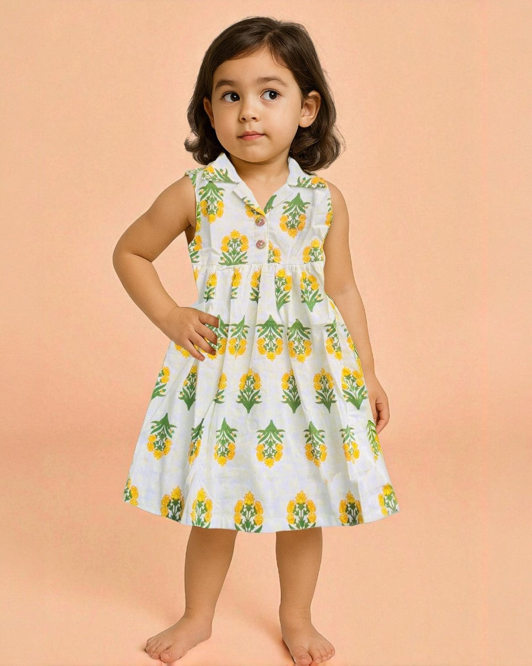 Sleeveless White Cotton Frock with Yellow Floral Print for Girls