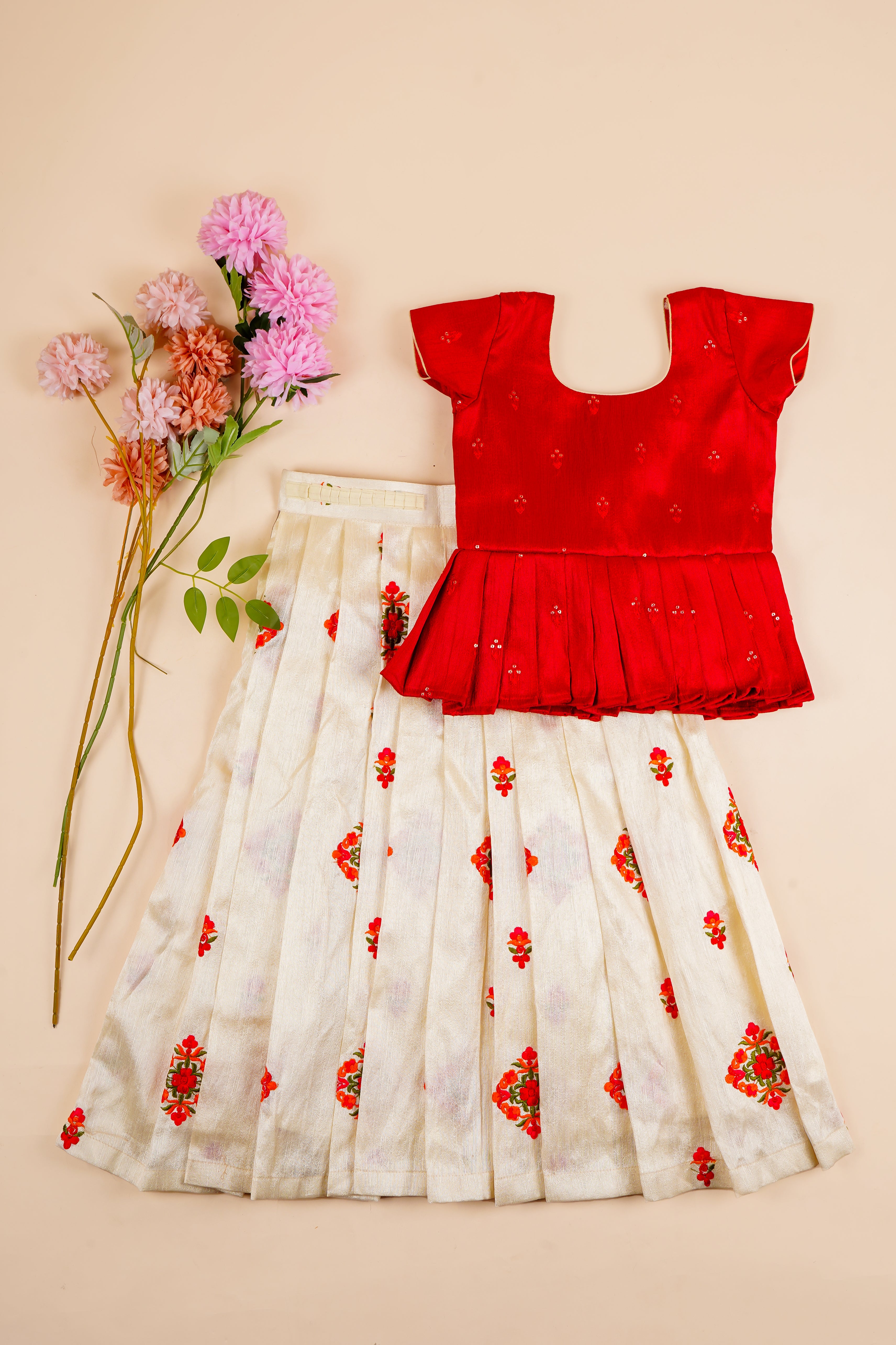 Girls Red Peplum Top with Cream Embroidered Skirt