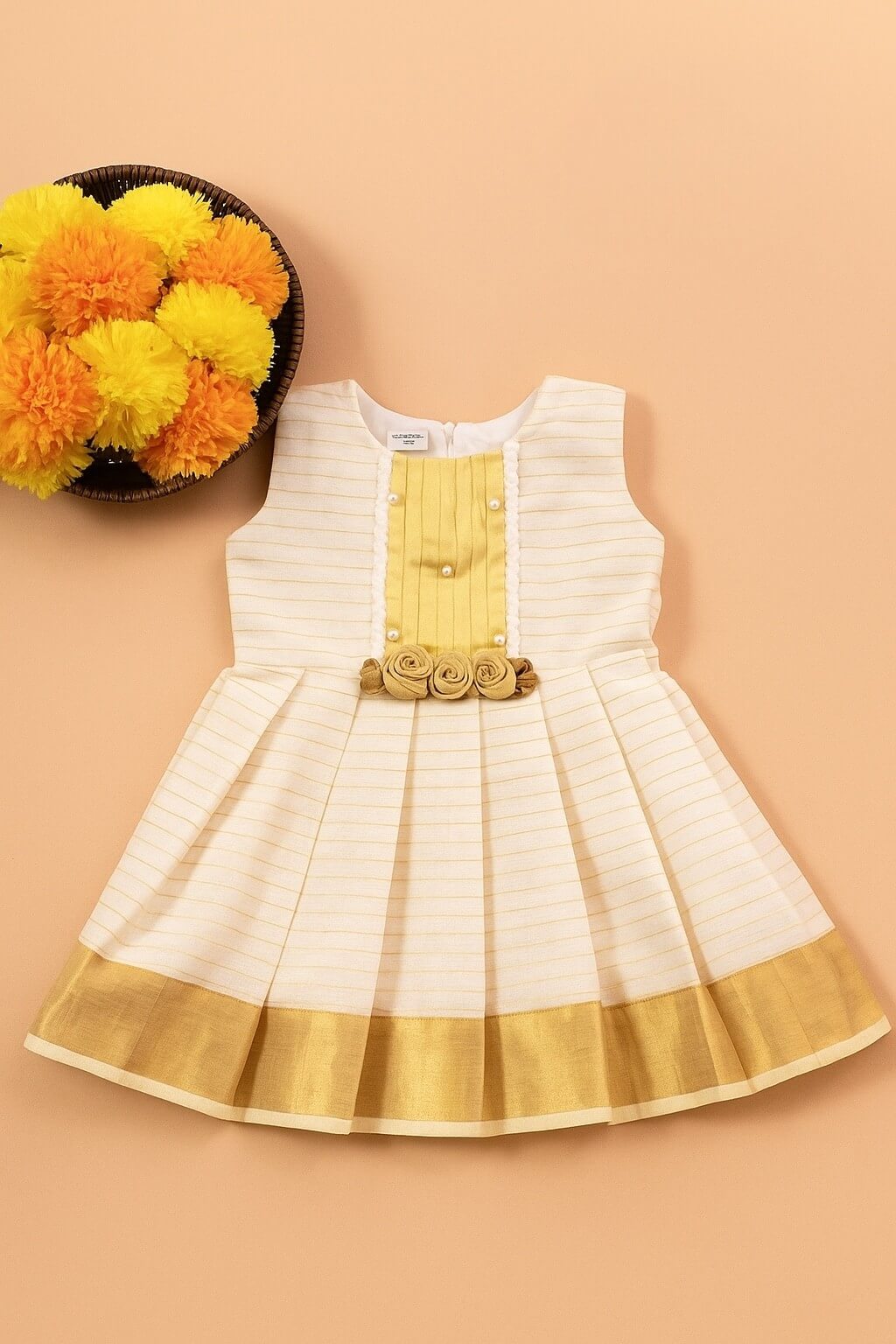 Elegant Onam Cotton Frock for Girl Cream & Gold