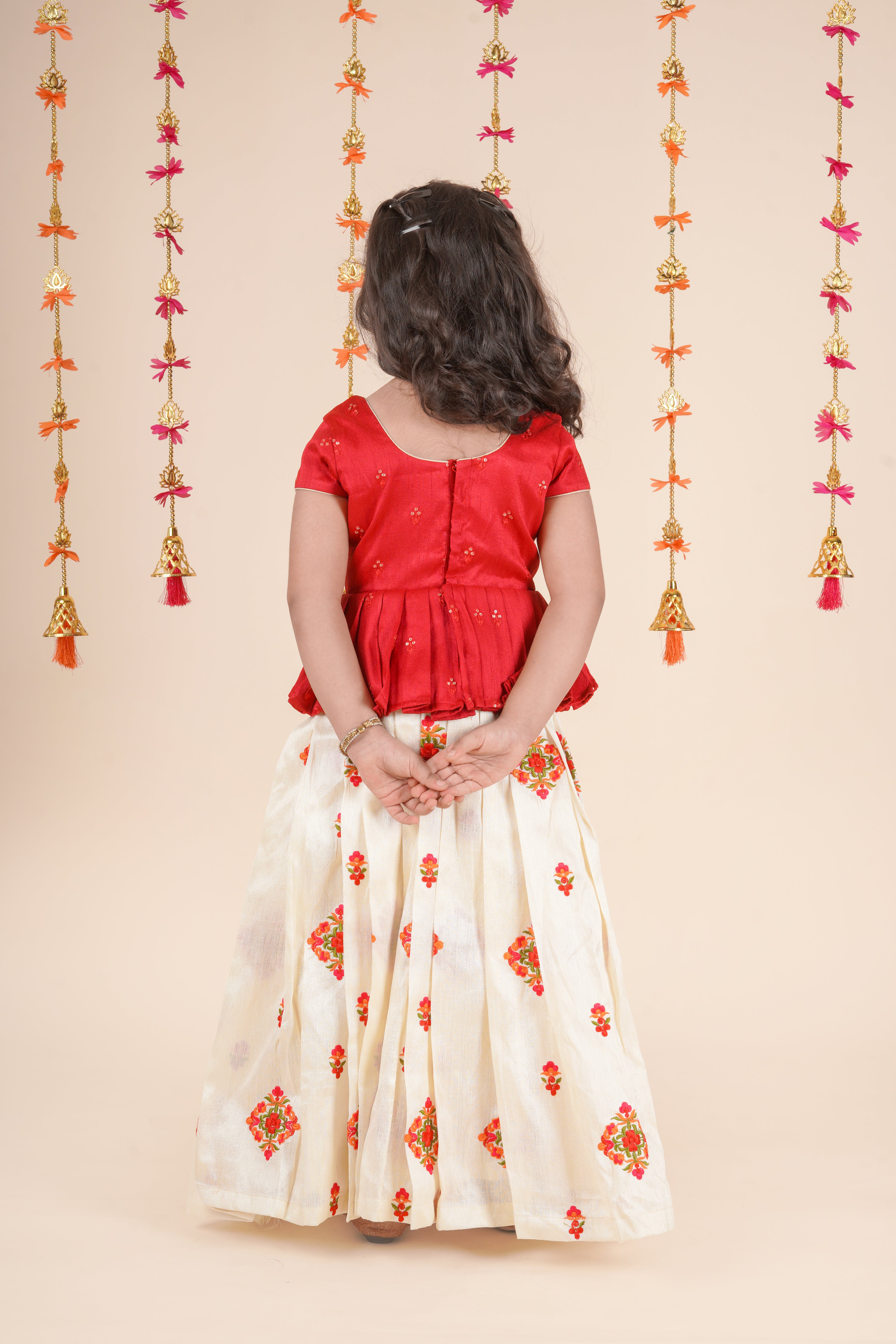 Girls Red Peplum Top with Cream Embroidered Skirt