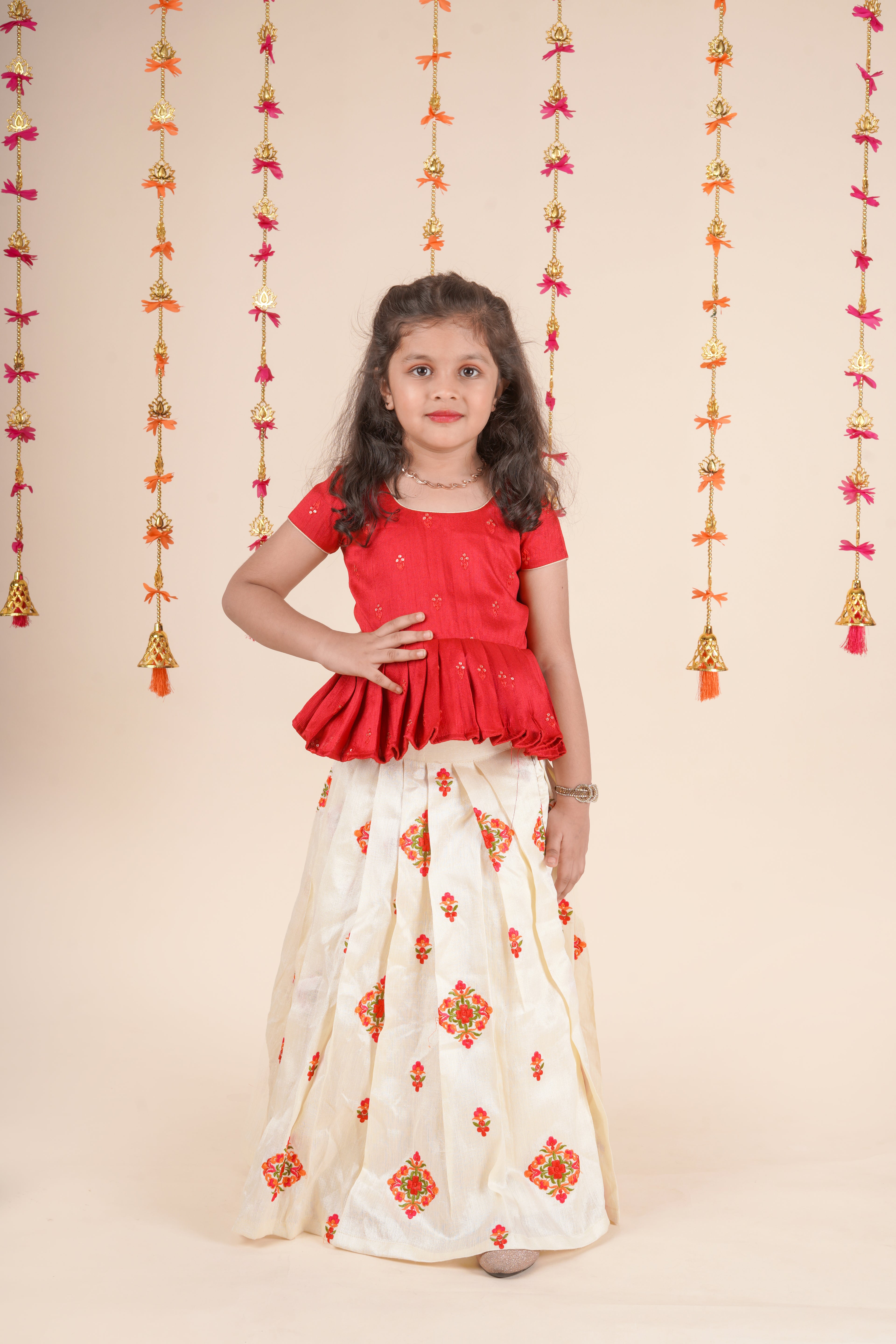 Girls Red Peplum Top with Cream Embroidered Skirt