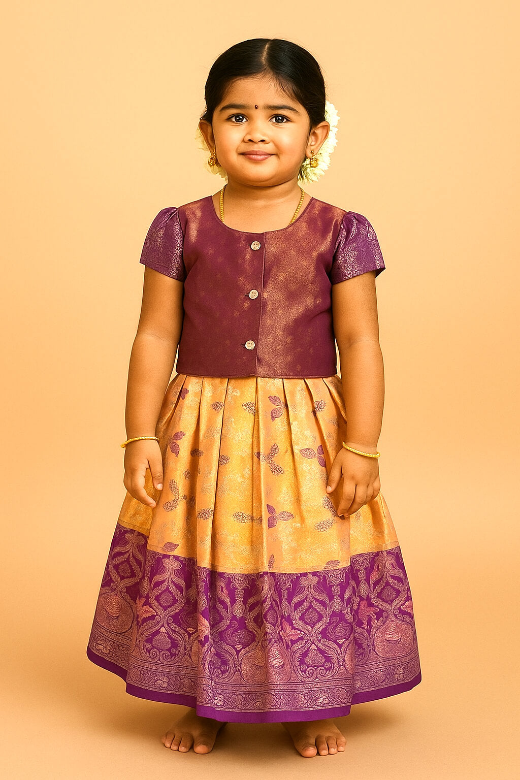 Pattu Pavadai – Purple Blouse with Peach Floral Skirt