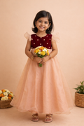 Elegant Maroon Velvet and Beige Organza Party Dress for Baby Girls