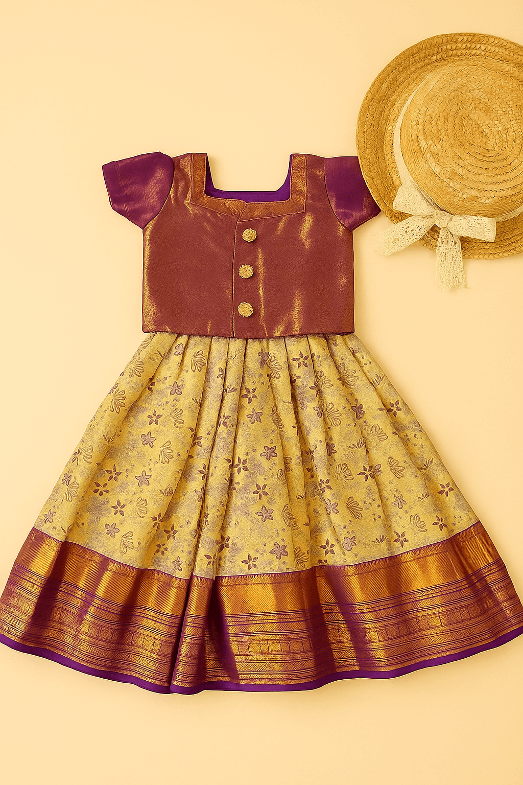 Pattu Pavadai – Purple Blouse with Gold Floral Skirt