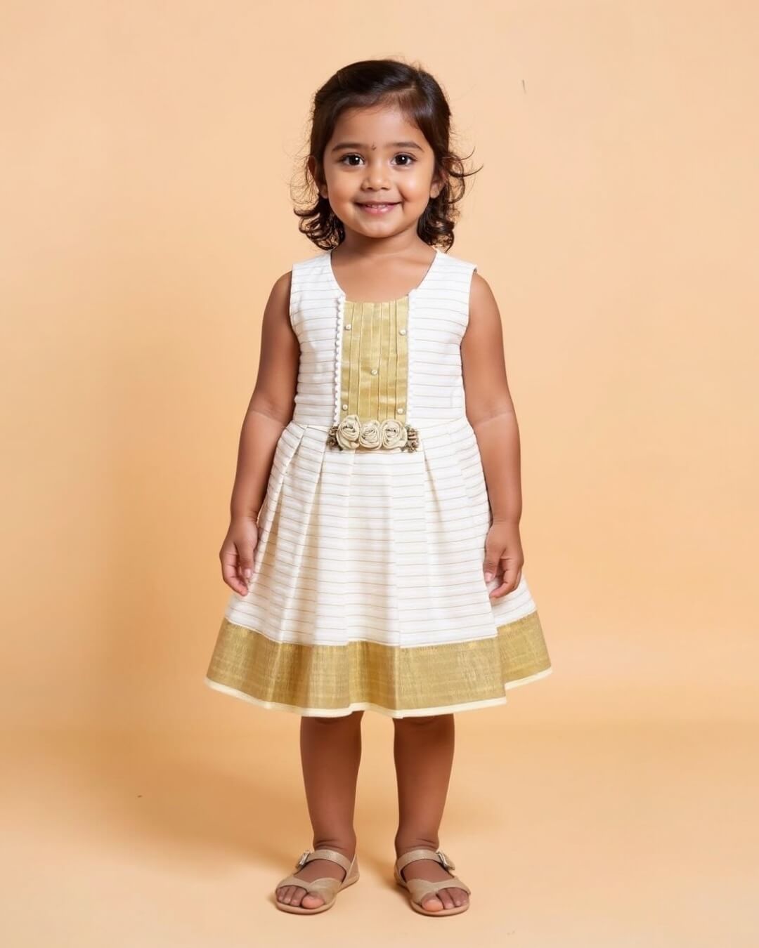 Elegant Onam Cotton Frock for Girl Cream & Gold