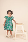 Green Floral Ruffle Sleeve Dress for Girls Everyday Cotton Wear --