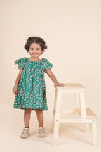 Green Floral Ruffle Sleeve Dress for Girls Everyday Cotton Wear