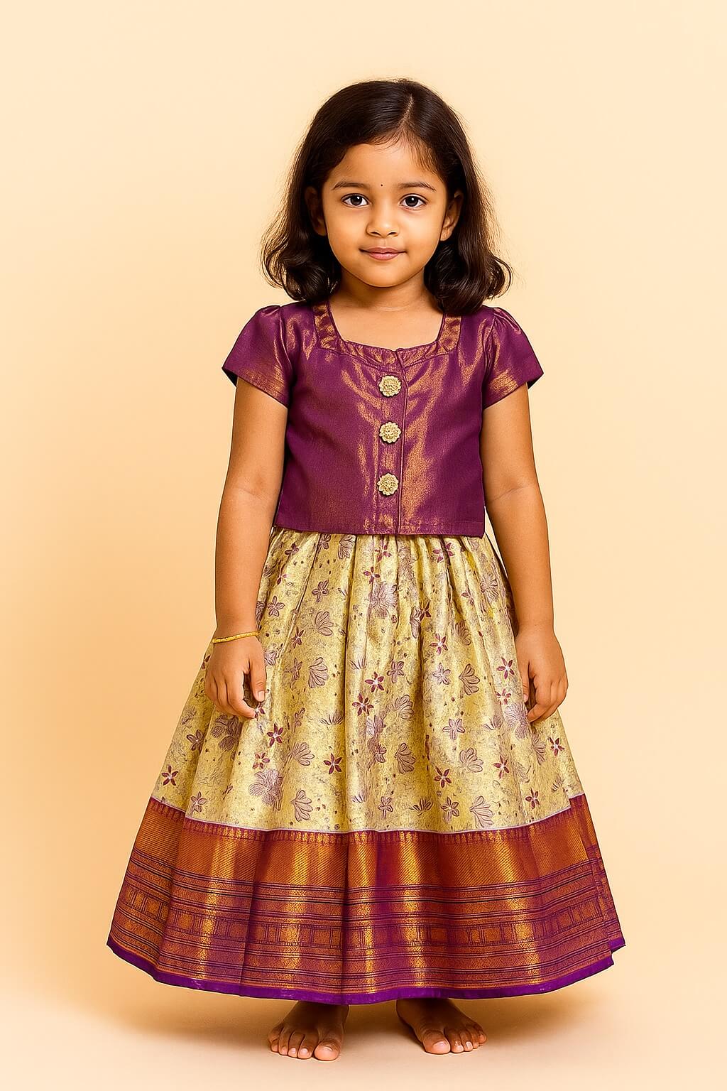 Pattu Pavadai – Purple Blouse with Gold Floral Skirt