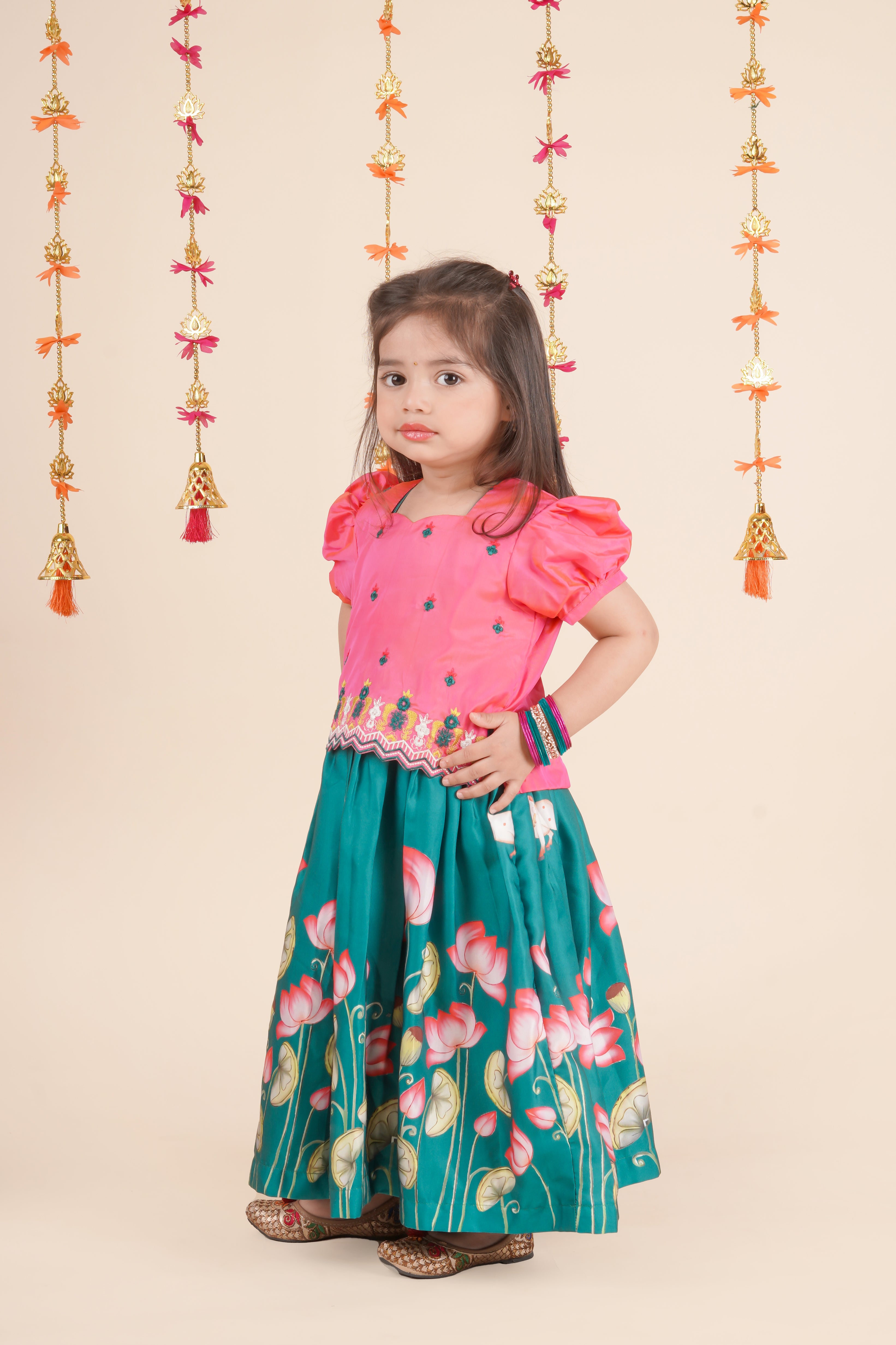 Pichwai Dress Set for Girls - Green Frock with Pink Blouse