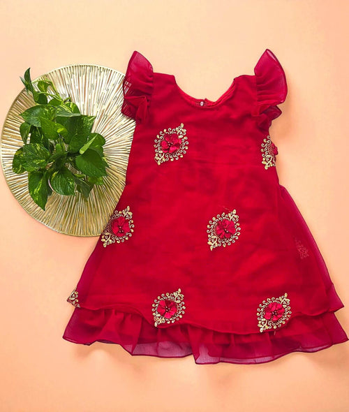 Designer Red Dress for Baby Girls with Floral Sequin Work