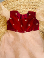 Elegant Maroon Velvet and Beige Organza Party Dress for Baby Girls