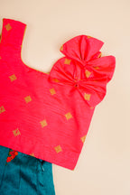 Pre Order : Girls Coral Pink Top with Teal Blue Skirt – Festive Ethnic Wear Set