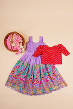 Purple Pichwai Printed Lehenga with Pink Puff Sleeve Blouse